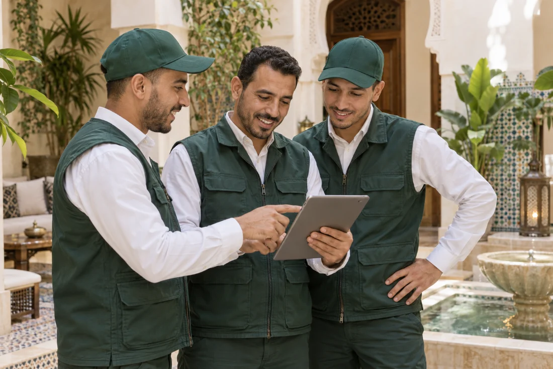 Trois membres de l’équipe échangent autour d’une tablette pour préparer une intervention