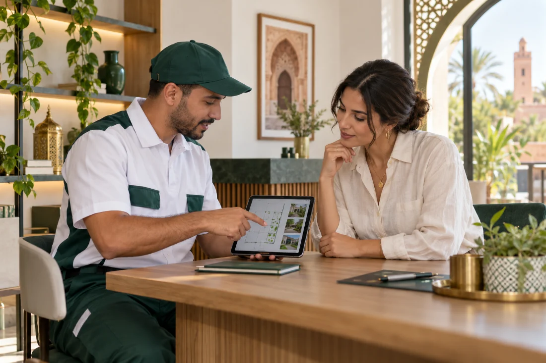 Un technicien Tamounte Service présente une solution adaptée à une cliente